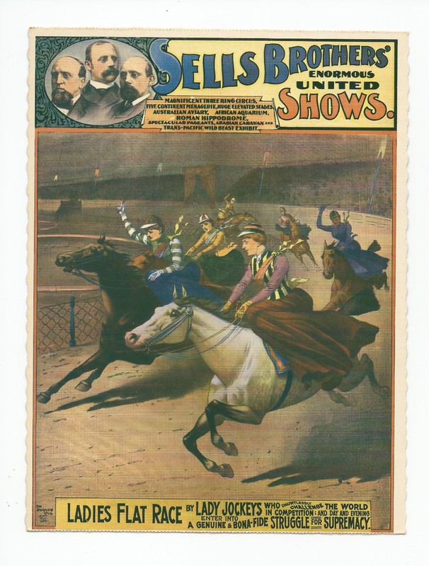 Postcard: Sells Brothers Circus United Shows Ladies Flat Horse Race; Lady Jockey