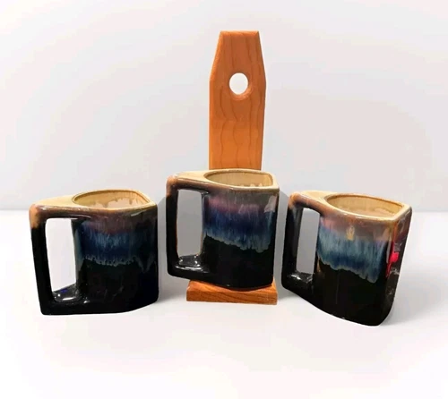 Set of 3 Rudolfo Padilla Black Blue Coffee Mugs Drip Glaze Pottery With Stand