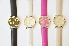 GENEVA PLATINUM BEIGE,BLACK,WHITE,PINK GOLD POLKA DOT DIAL LEATHER WATCH-9709