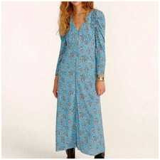 J.Crew Size 16 Turquoise Blue Paisley Draped Puff Sleeve Buttondown Maxi Dress