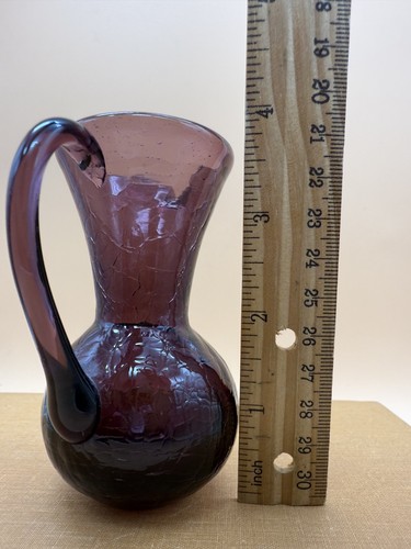 Vintage Amethyst Purple Crackle Glass Pitcher Hand Blown Creamer Vase 3.5" - Picture 8 of 15