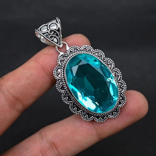 Aquamarine  Gemstone Handmade 925 Sterling Silver Jewelry Pendant Gift