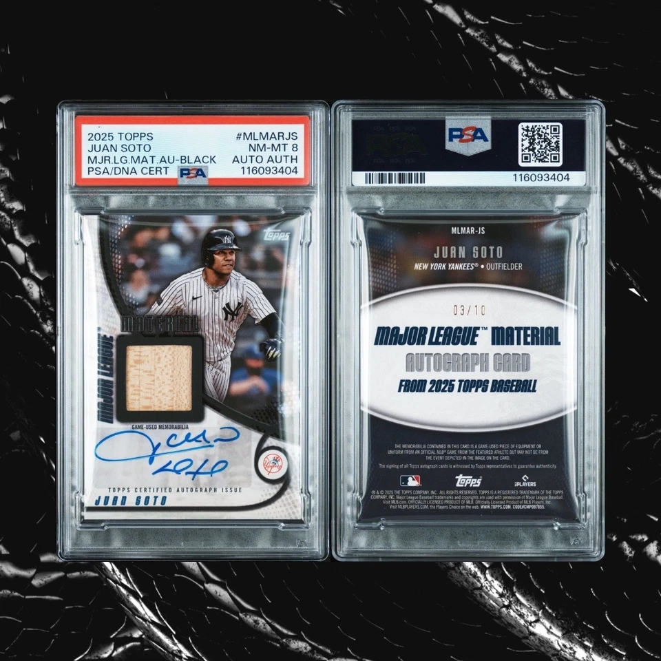 2025 Topps Major League Materials Autograph Black 3/10 #MLMARJS Juan Soto PSA 8 - Image 3 of 3