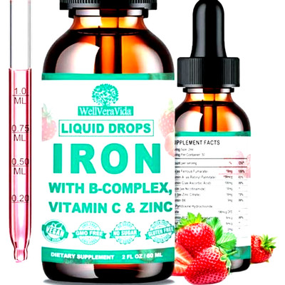  Liquid Iron Supplement w/Vitamin C, B-Complex, High Potency Iron Liquid w. Vega