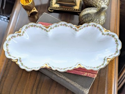 Antique Haviland Limoges Celery Dish With Clover Leaf Pattern Gold Scalloped Rim