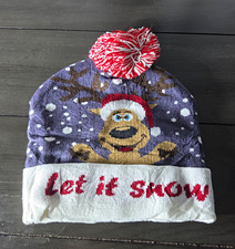 Boys Knit Acrylic Beanie Hat Pom Pom "Let It Snow" Reindeer Blue/White/Red