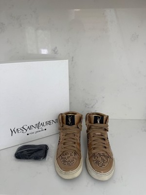 YSL Yves Saint Laurent Malibu High Top Sneakers Beige Leather with Studs Size 35