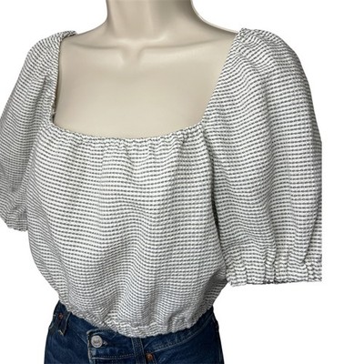 Casa Raki Organic Cotton Seersucker Crop Top   Square Neck Puff Sleeve Blouse XS