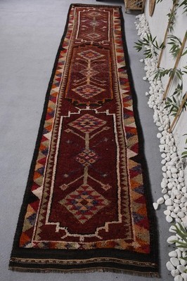 Turkish 2,9x13,3 ft Rug, Runner Vintage Rug, Red Black Handmade Rug