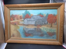 Old Mill Painting By  J A Red 1957 Fall Scene Canvas Framed Country Decor