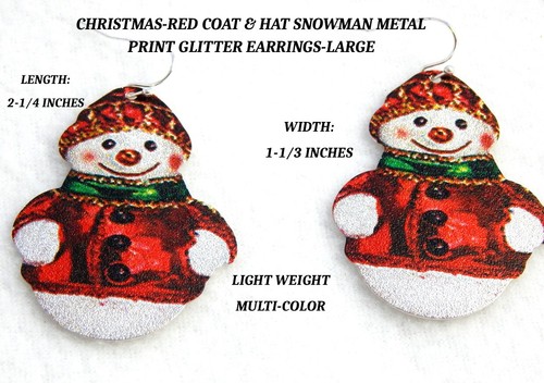CHRISTMAS- PEPPERMINT PRINT SNOWMAN-RED COAT SNOWMAN DANGLE EARRINGS: LARGE - Picture 9 of 12