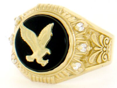 10k or 14k Solid Yellow Gold Round Onyx Eagle CZ Mens Ring