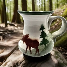 Specialties Stoneware Hand Painted Moose & Pine Tree Coffee Cup Mug Flat Bottom
