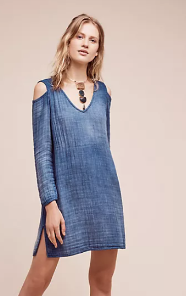 NWT Cloth & Stone Open Shoulder Chambray Shift Dress Small