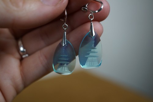 Japanese Reverse Carved Opaline Intaglio Pagoda Necklace & Earrings Jewelry - Picture 7 of 10