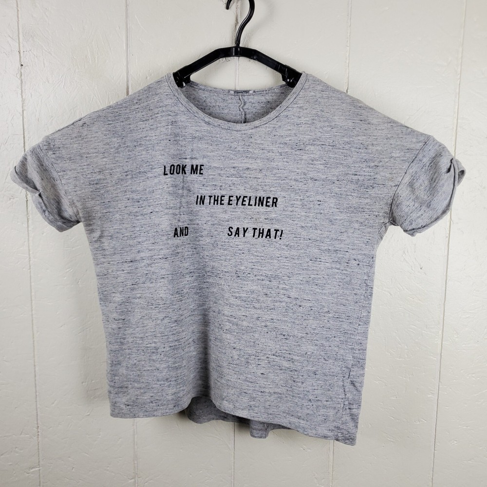 Zara Shirt Womens Medium Gray Crew Neck Short Sleeve Graphic Stretch Pullover