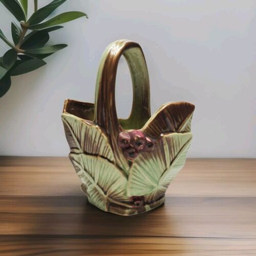 Vintage McCoy Pottery Berries & Leaves Art Handled Basket Vase Or Planter 1940s - Picture 3 of 9