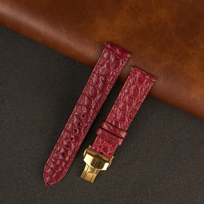 Burgundy Flat Leather Watch Band Crocodile Watch Strap Gold Deployment Buckle