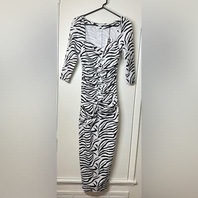 NWT Rotate Birger Christensen Ruched Midi Zebra Black White Bodycon Dress Size 2