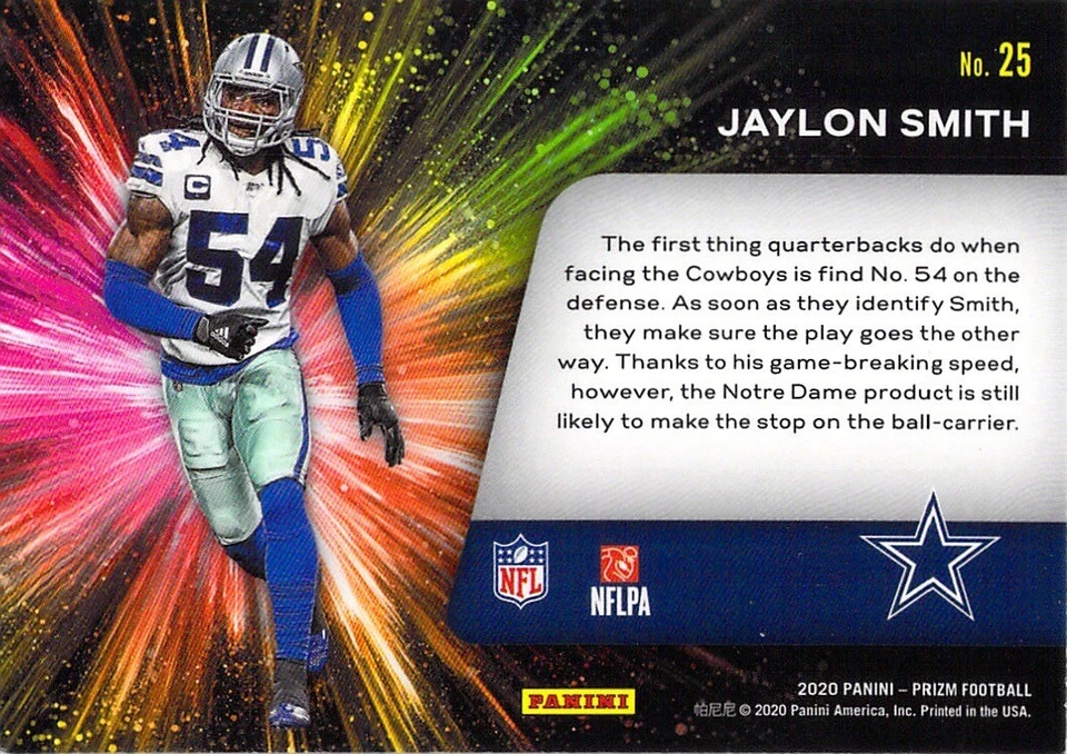 Jaylon Smith 2020 Panini Prizm Football Fireworks Insert Chrome Card #25 Cowboys - Image 2 of 2