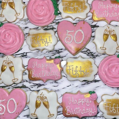 Pink 50th BithdayCookies | Royal icing sugar cookies || Dozen Decorated Cookies