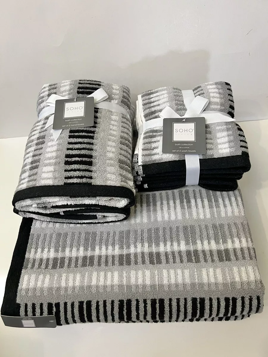 Soho Living 2 Bath 2 Hand 4 Washcloth Towel Set Stripes Tiles Geometrical  NWT