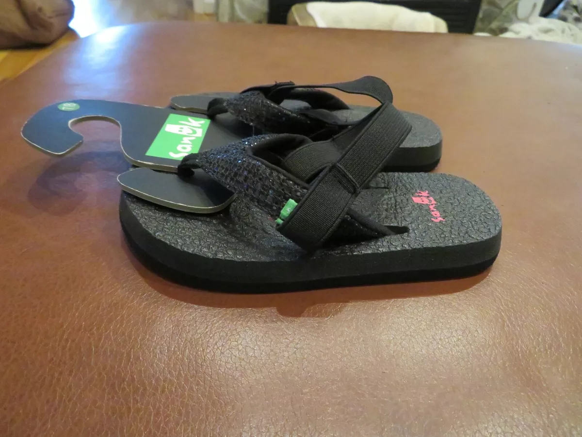 New Toddler Girls Black Sparkle Sanuk Yoga Glitter Flip Flops, 7 / 8