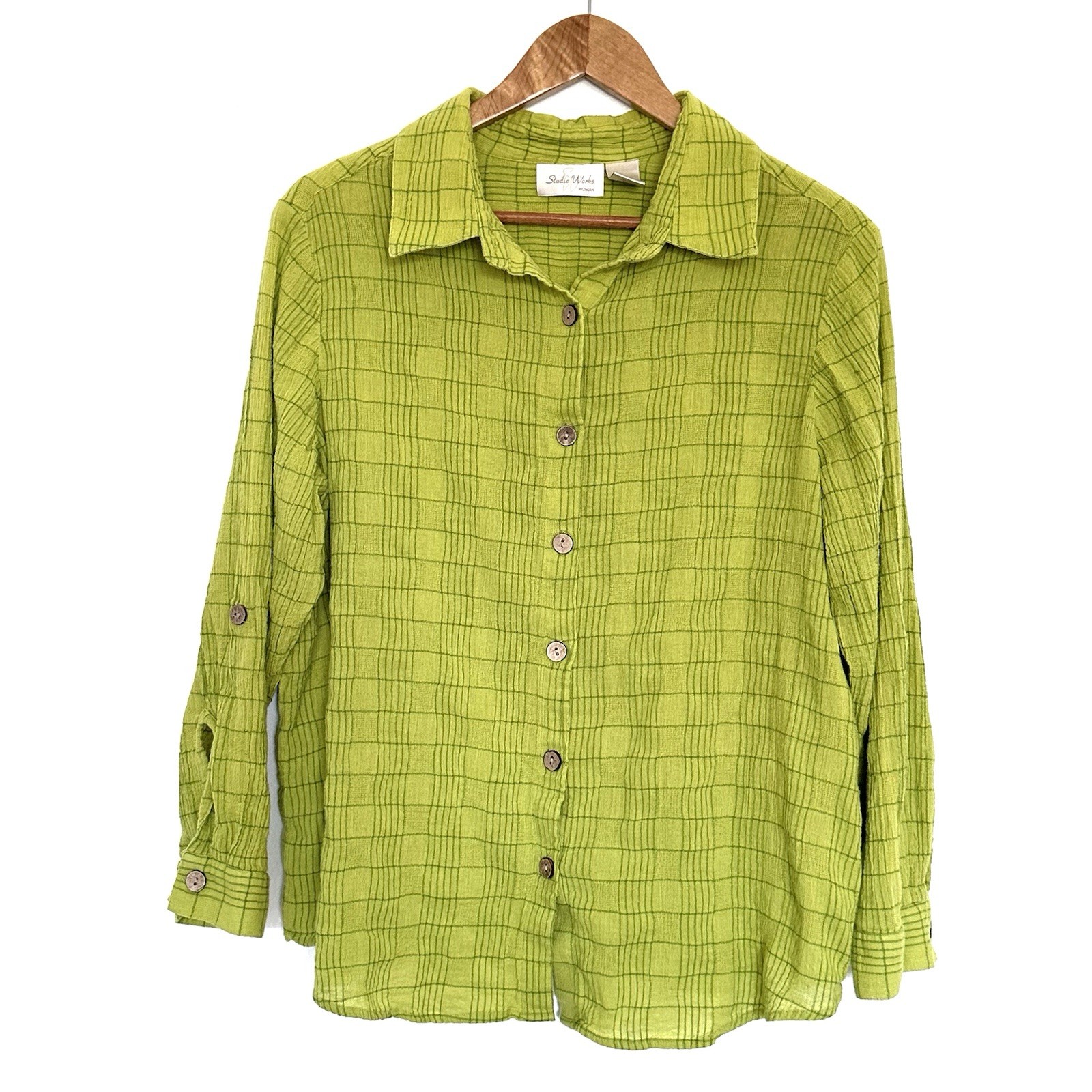 Studio Works Plus Shirt Women’s 2X Plaid Button Up Long Roll Tab Sleeve Collared