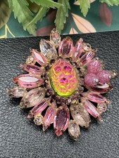 Vintage JULIANA D&E Watermelon & Pink Glass Rhinestone Flower Pin Brooch *Read*
