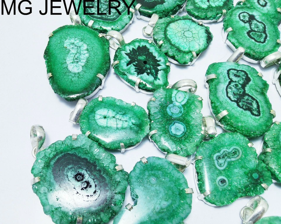 Lote de 90 piezas colgantes superpuestos de plata .925 piedras preciosas druzy de cuarzo solar color verde Foto 3 de 4