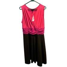 Fashion Bug Womens Pink Black Colorblock Ruched Waist V-Neck Dress Size L NWT