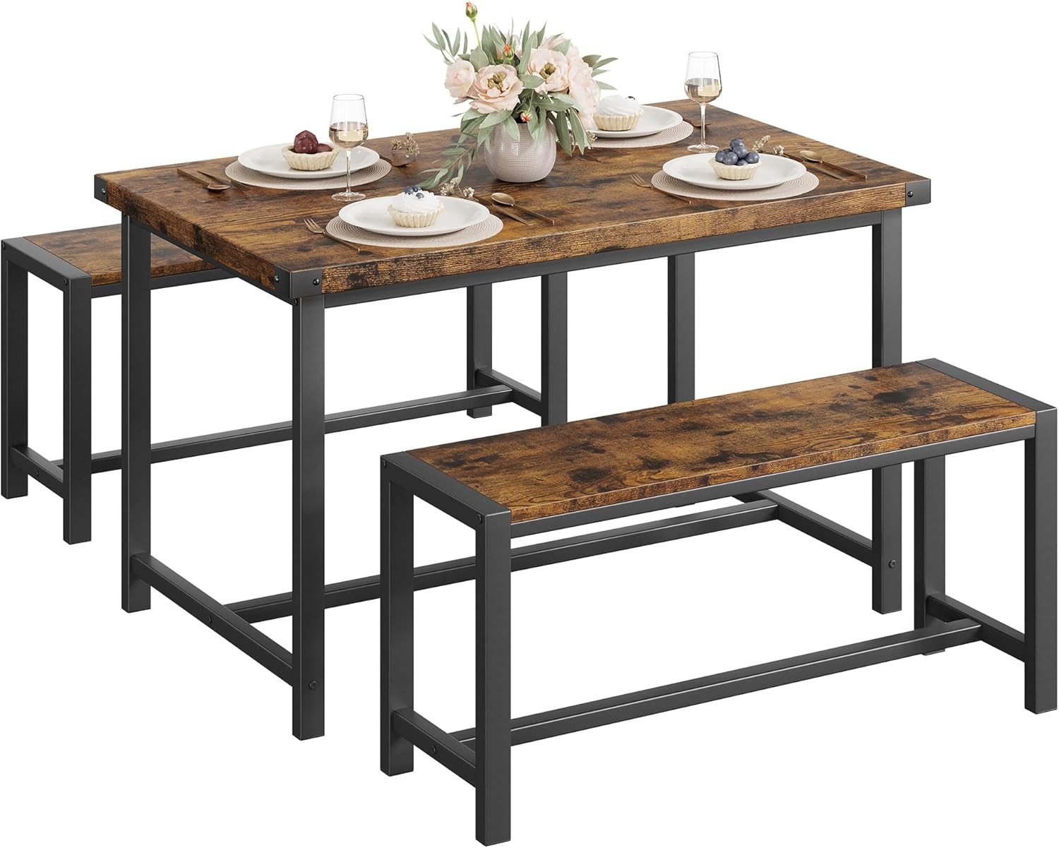 Kitchen Dining Table Set for 4 People Dinner Table with 2 Bench for Dining Room