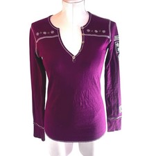 Alp-n-Rock Womens XS Plum Purple Embroidered Edelweiss Henley Long Sleeve Top