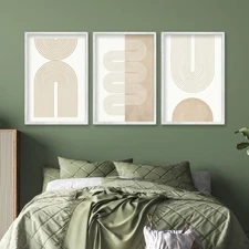 Wall Art Set of 3 Geometric Beige Spiral Wave 16"x11" Wooden Framed Mid Centu...