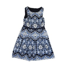Talbots Fit Flare Dress Women's Size 10P Blue White Damask Tile Cotton