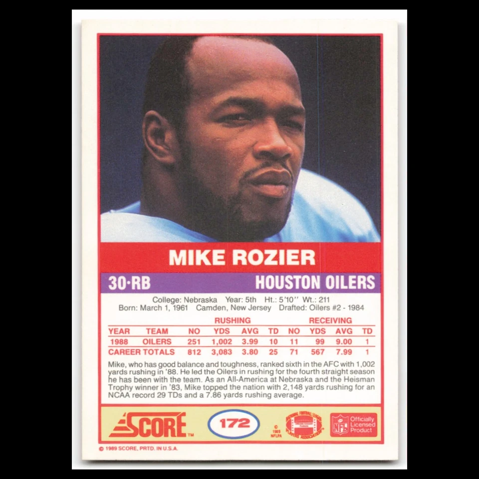 Mike Rozier #172 1989 Score Houston Oilers Football Card NFL NM - Image 2 of 3