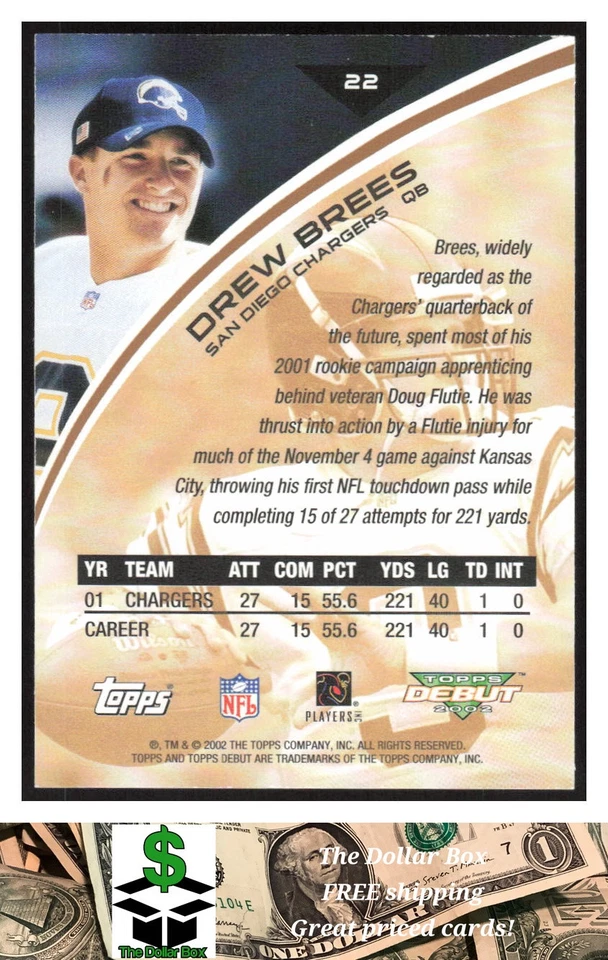 2002 Topps Debut #22 Drew Brees - San Diego Chargers - Image 2 of 2