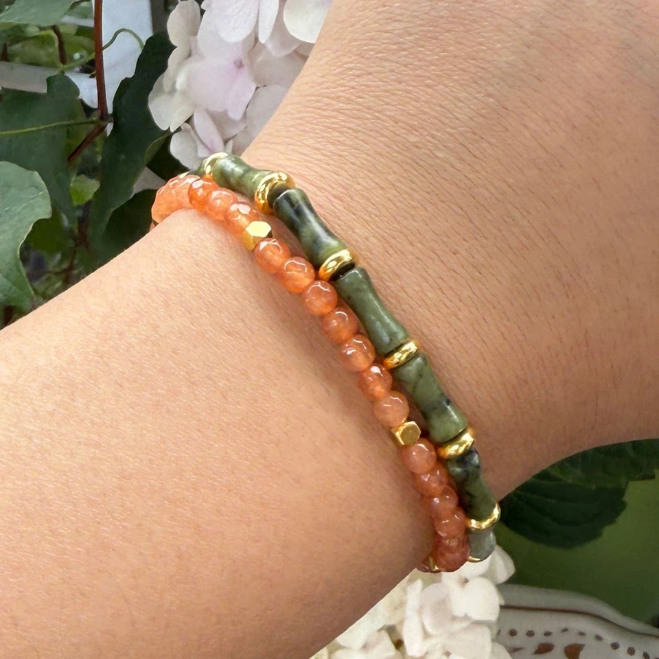 Brazalete de piedras preciosas curativas con cuentas de bambú de jade verde Foto 2 de 3