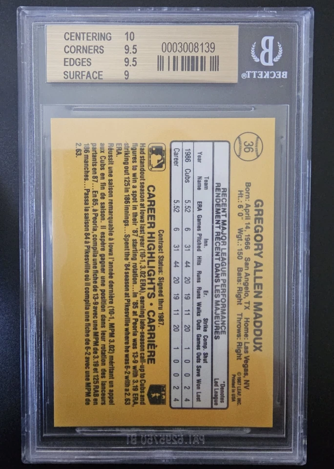 1987 Leaf Donruss #36 Greg Maddux Chicago Cubs RC Rookie HOF BGS 9.5 - Image 2 of 2