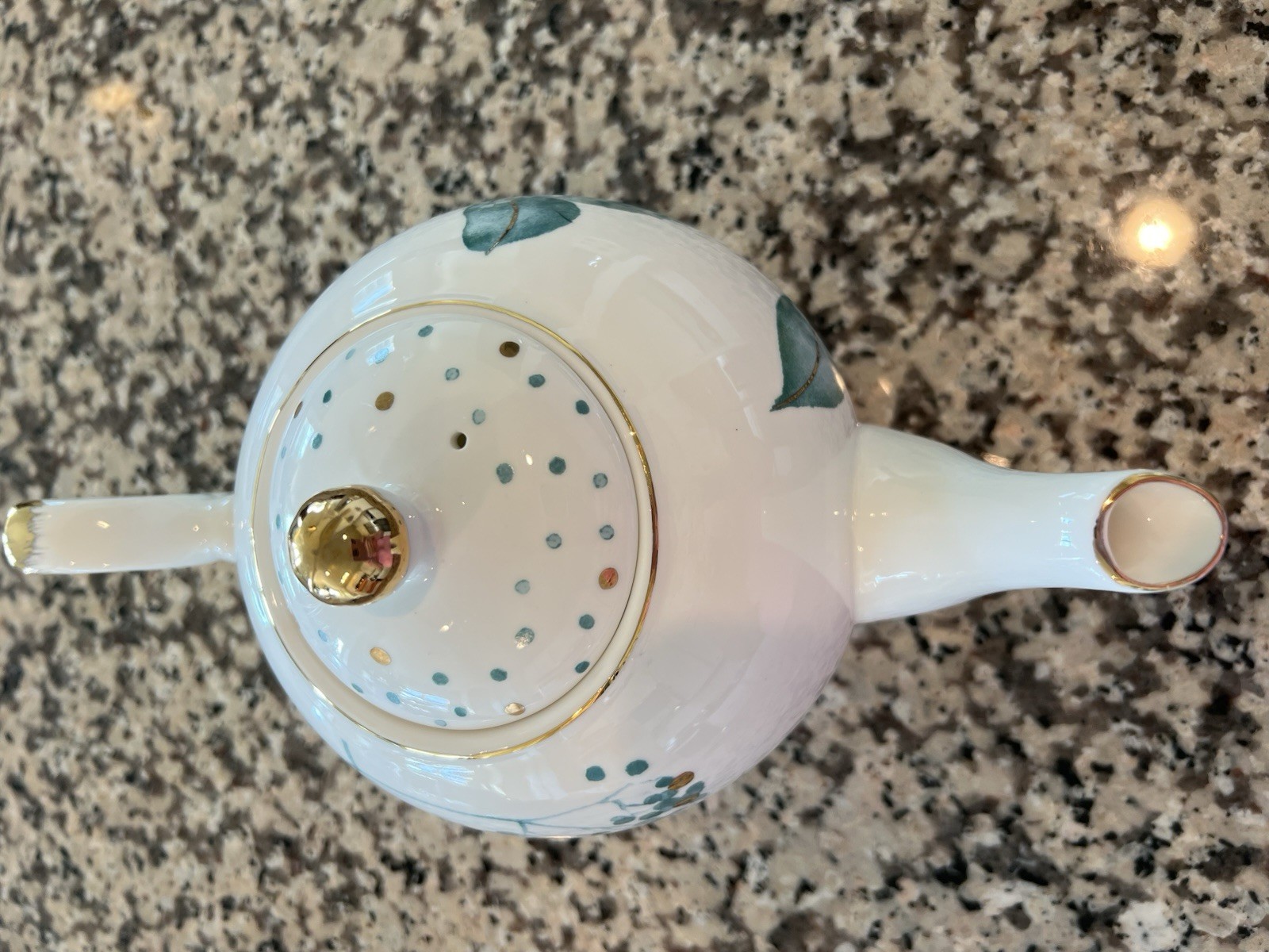 Grace's Teaware Teal & Metallic Gold Floral Print On White Teapot