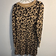 LOFT Sweater Dress Beige Black Leopard Long Sleeve Crew Neck Short SP Petite