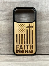 Wooden Case for iPhone 17 Pro, Wood Faith Over Fear USA Flag Bamboo Engraved
