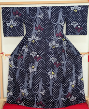 Japanese Kimono Yukata Blue Floral Arimatsu Shibori Traditional tie-dye BIG Size