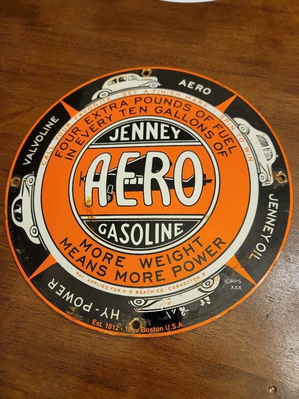 Vintage JENNY AERO Aviation Gasoline Gas Porcelain Sign