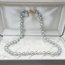 High Luster 8.5-9mm Silver Blue Japanese Akoya Pearl Necklace 14K Gold Clasp 18"