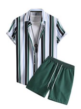 Men's 2 Piece Outfits Striped Button Down Short Sleeve Shirt and Shorts Set M...