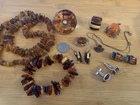 LOT VINTAGE AMBER COLOR JEWELRY SOME STERLING SILVER MODERNIST RINGS EARRINGS++