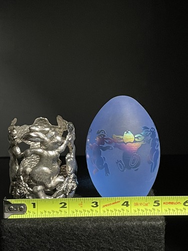 Rare Paperweight Frost Blue Iridized Glass Egg Metal Stand Velvet Box 1996 Gift - Picture 11 of 24
