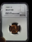 1948s 1c Lincoln penny,ms 67+RD,$1380 NGC price guide