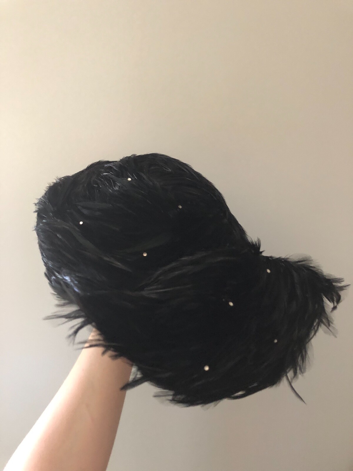 Vintage woman's black hat with feathers and sequins. Jack McConnell, Wool base